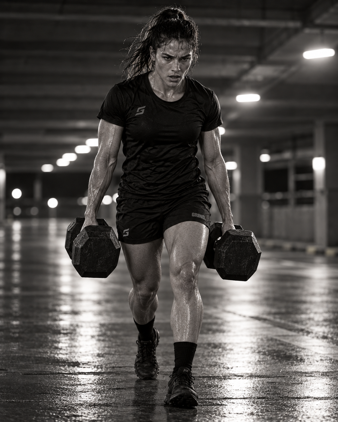 A female athlete carrying heavy dumbbells across a wet parking garage at night, wearing tonal GRIND. training gear.
