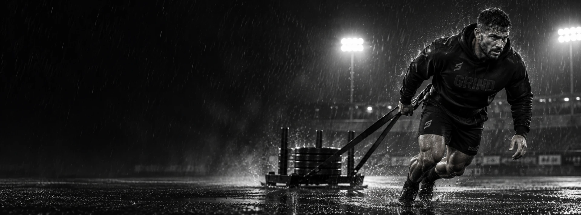 A GRIND. athlete dragging a weighted sled through rain and stadium lights at night.