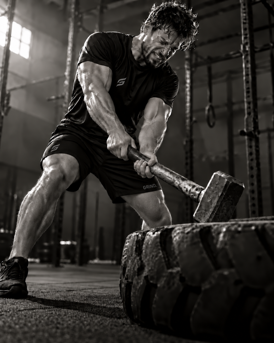 A male athlete driving a sledgehammer into a heavy tire in the gym, wearing a black training tee and tonal GRIND. shorts.