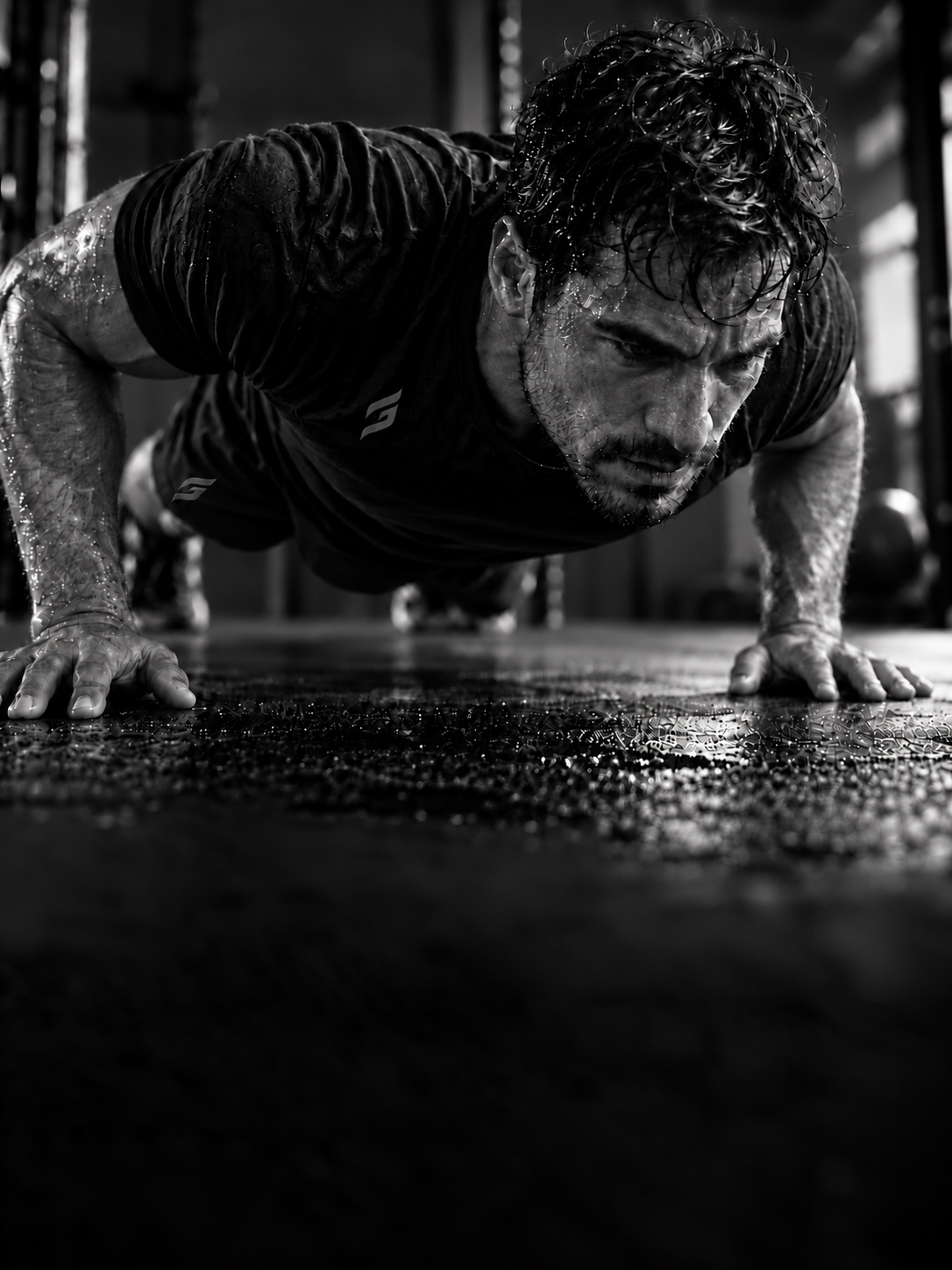 A male athlete low to the gym floor doing push-ups, sweat-soaked, wearing tonal GRIND. training gear.