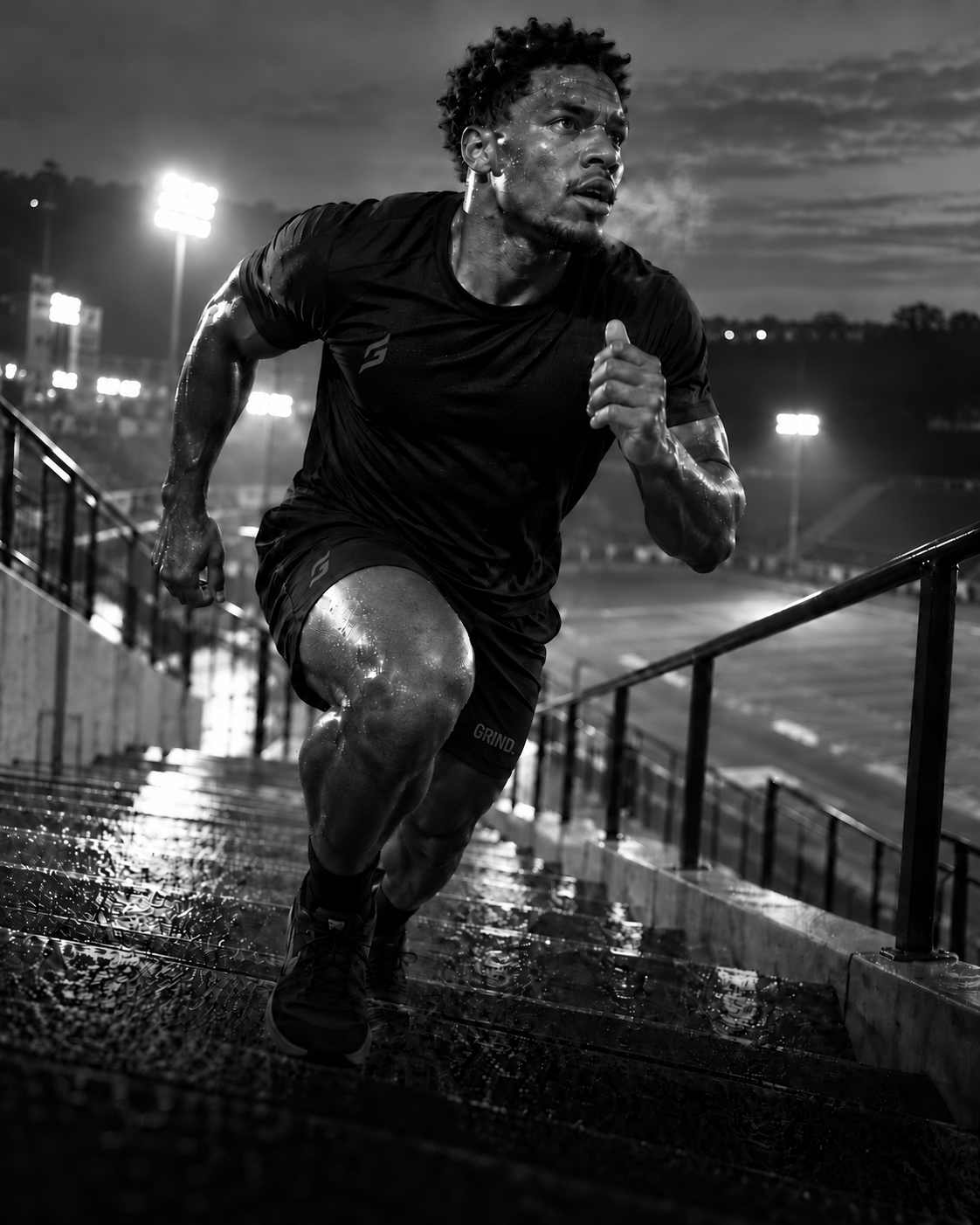 An athlete sprinting up wet stadium stairs at night under the lights, wearing tonal GRIND. training gear.