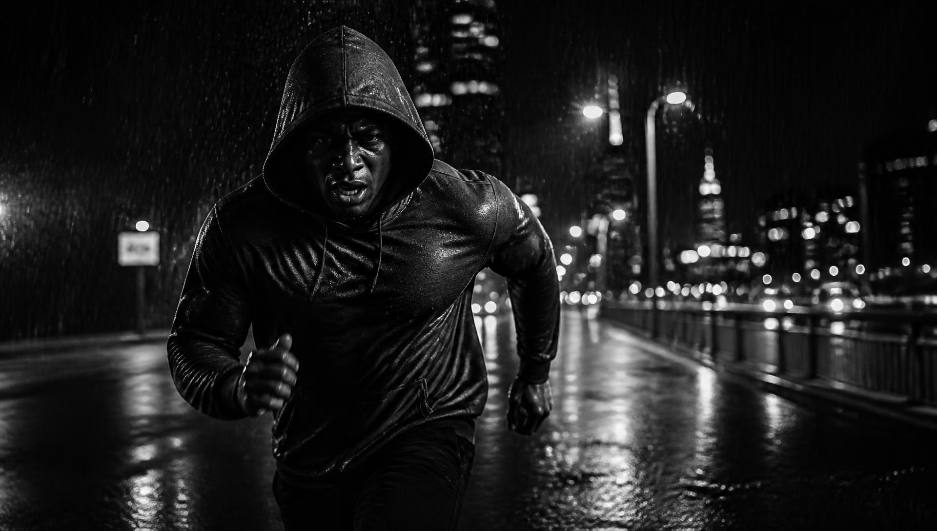 A hooded athlete sprinting through heavy rain on a city street at night.