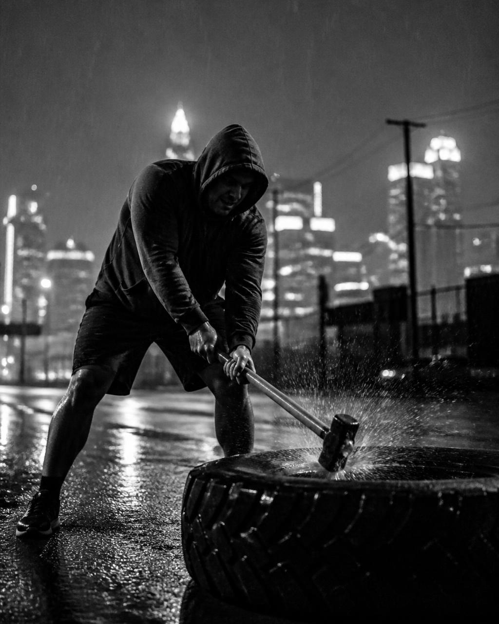 An athlete swinging a sledgehammer onto a tire in the rain at night.