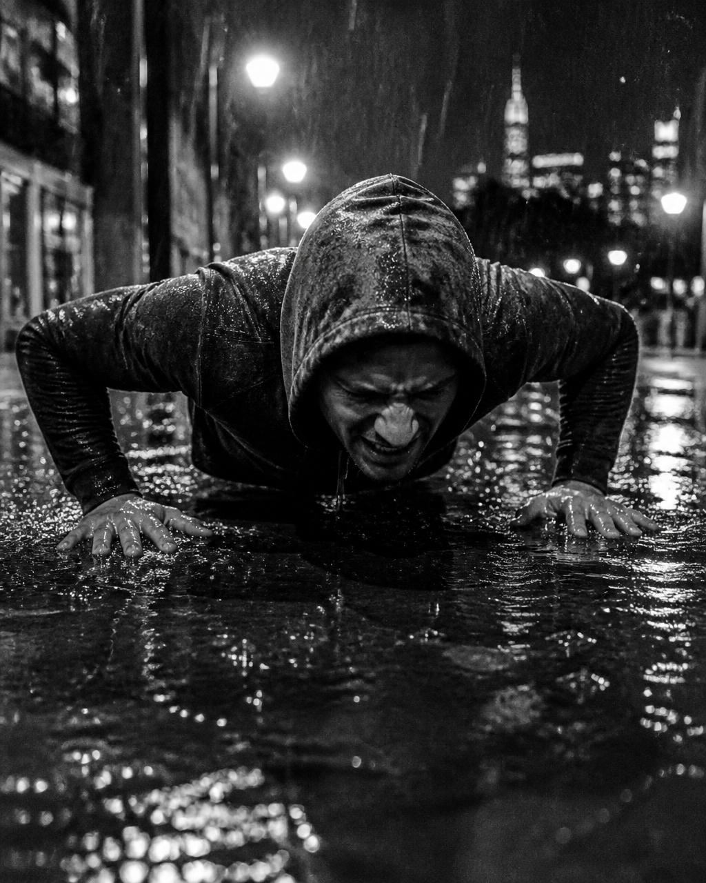 An athlete doing push-ups in a puddle on a rain-soaked street.