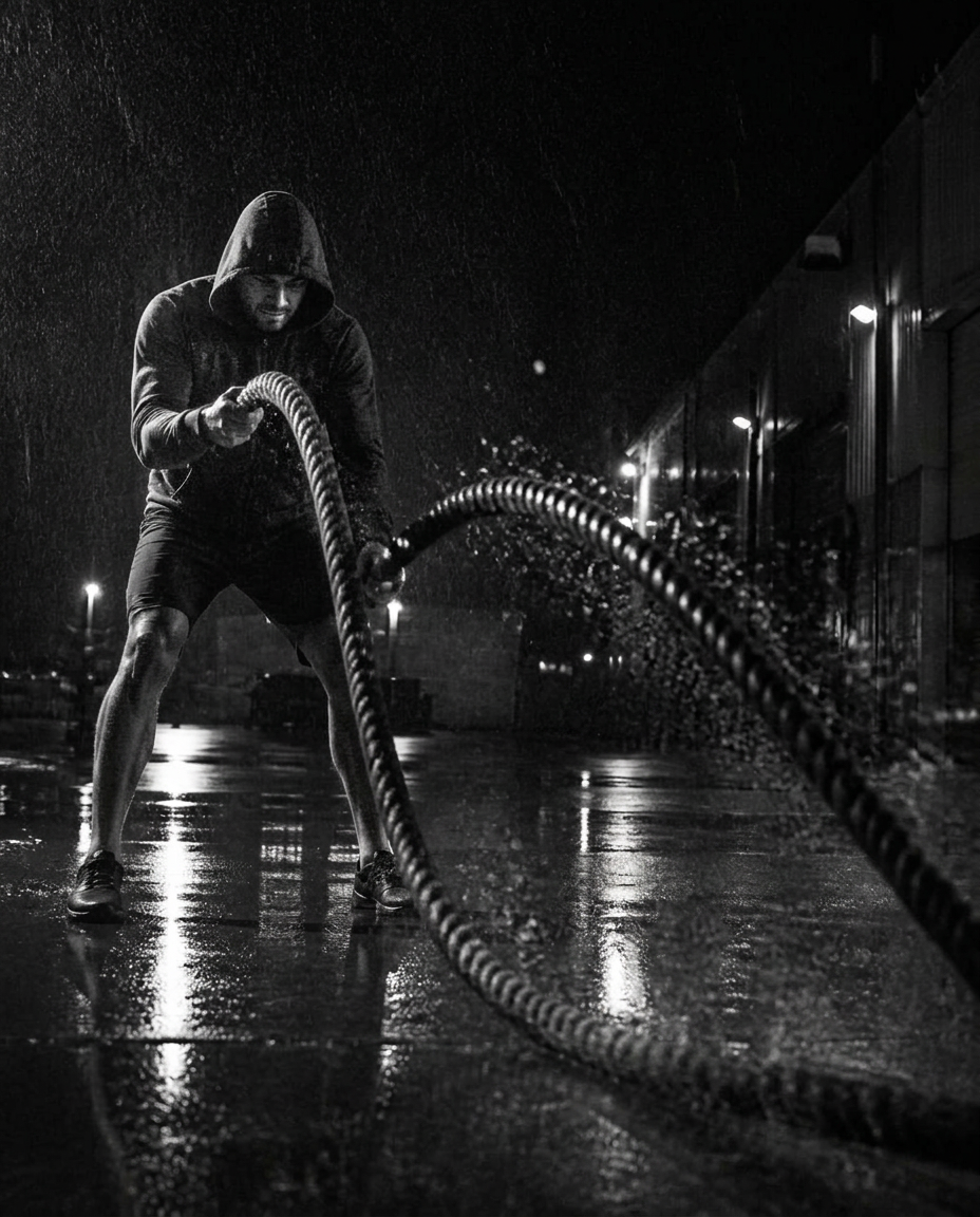 An athlete slamming battle ropes on wet concrete at night.