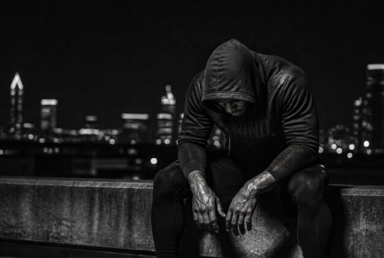 A hooded athlete sitting forward on a rooftop ledge at night, forearms on his knees, with a city skyline behind.