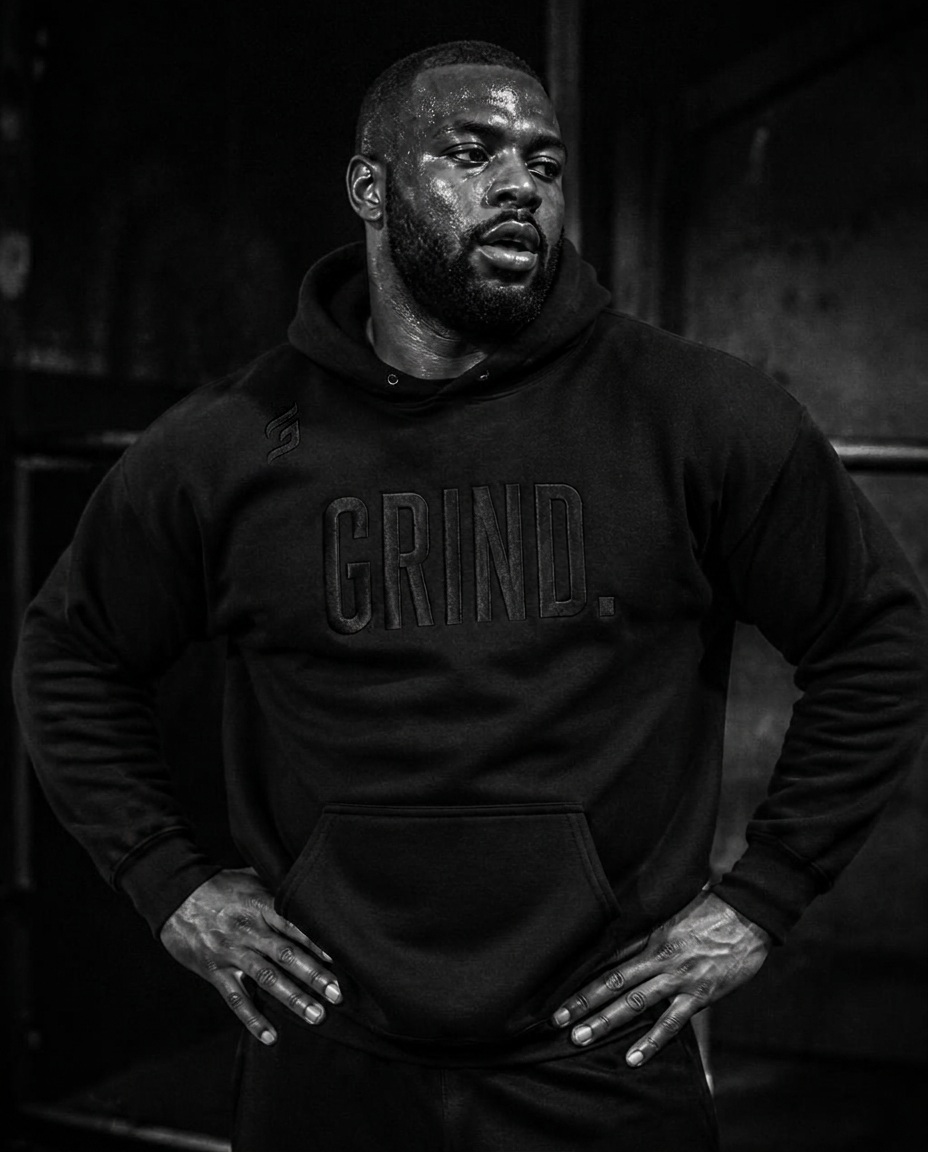 Athlete wearing the all-black GRIND. heavyweight hoodie after training